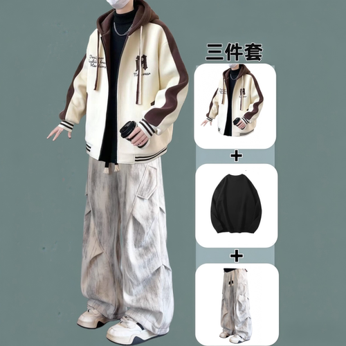 春秋季连帽夹克外套男生套装