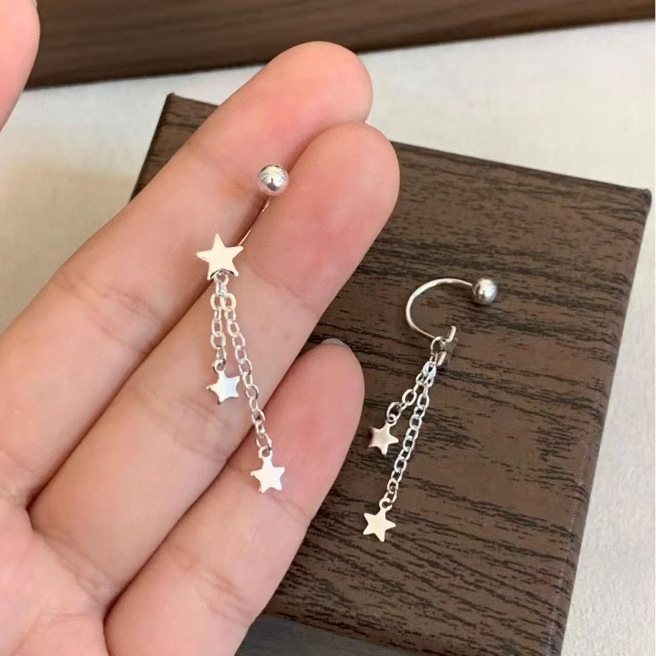 足银999耳环小星星螺丝流苏耳钉