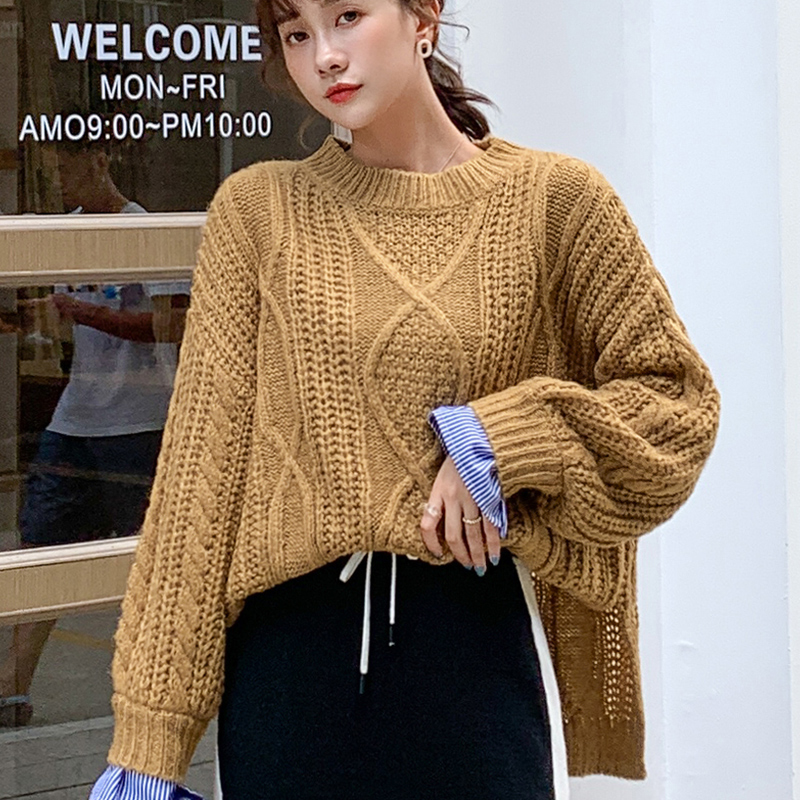 大码粗毛线毛衣女宽松胖mm套头针织衫慵懒风加厚毛线衣200斤秋冬