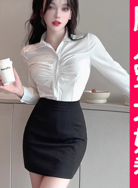大尺码收腰长袖白色衬衫女套装OL制服衬衫上班服工作服短裙包裙胖