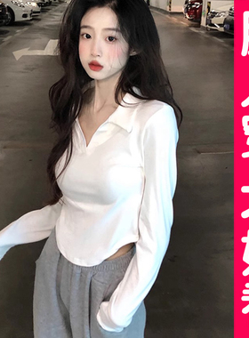 大码polo领长袖T恤女短款白色纯棉V领打底衫正肩翻领上衣胖mm春秋