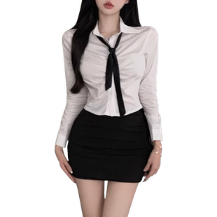 加肥加大码白色长袖弹力衬衫女辣妹纯欲衬衣领带上衣胖mm春夏套装