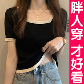 方领短袖 T恤女薄款 胖妹妹冰丝针织衫 大码 百搭正肩上衣胖mm夏季 ins
