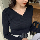 学生内搭针织衫 打底衫 200斤秋冬毛线衣 V领毛衣女套头胖mm修身 大码