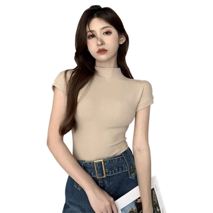 加肥加大码半高领短袖t恤女夏季胖mm显瘦打底衫辣妹纯欲短款上衣