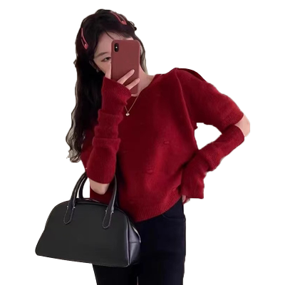 大码红色毛衣女短袖袖套针织上衣