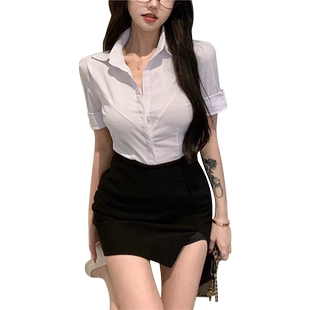 微胖纯欲短袖白色衬衫女辣妹大码制服套装工作服性感衬衣胖mm夏季