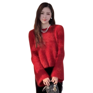 大码红色马海毛毛衣女新年战袍上衣加厚内搭打底衫针织衫胖mm秋冬