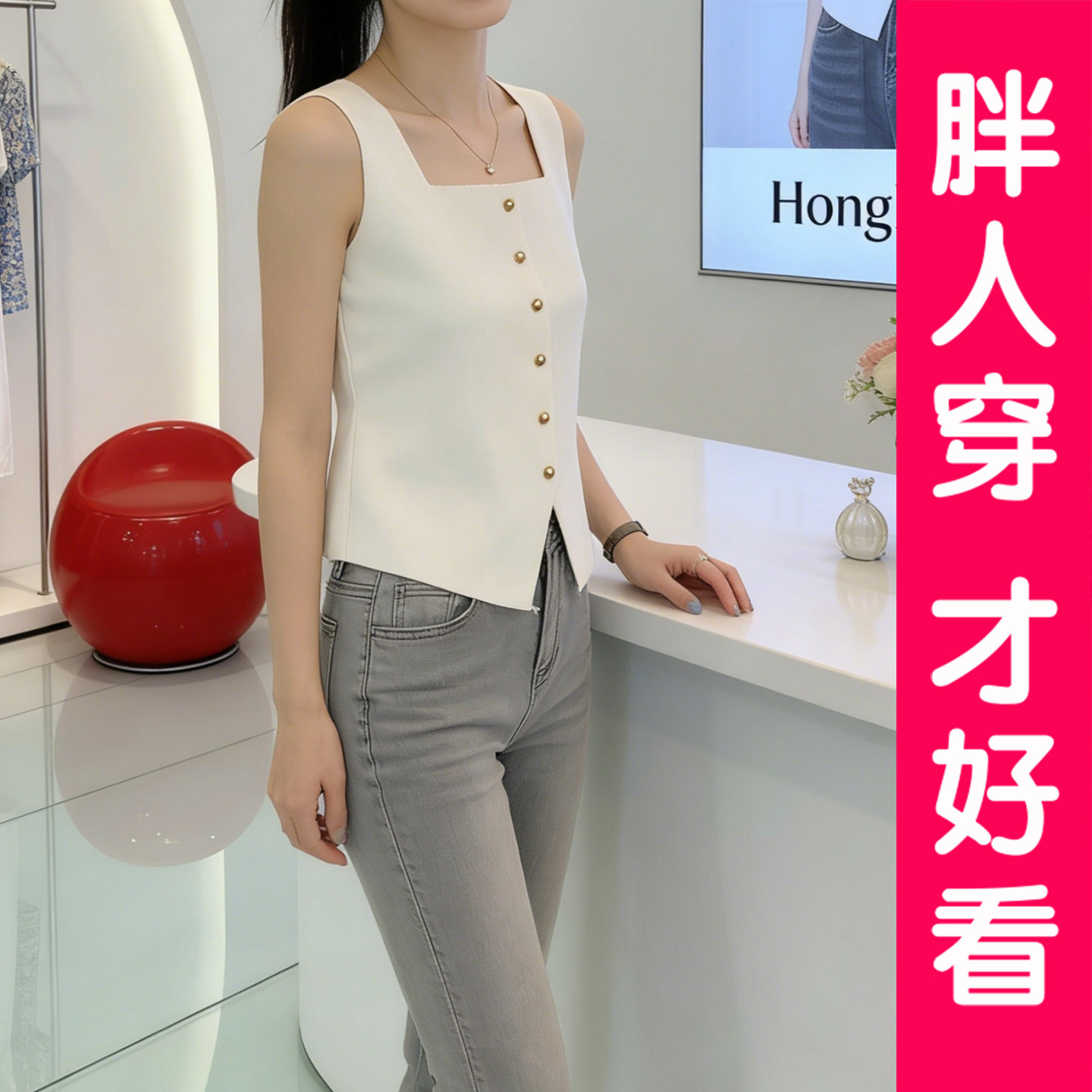 大码冰丝针织方领吊带背心女春夏季内搭外穿修身显瘦无袖上衣胖mm