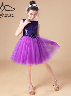 高端欧美女童小提琴演出短款紫色中大童亮片晚礼服儿童十岁公主裙