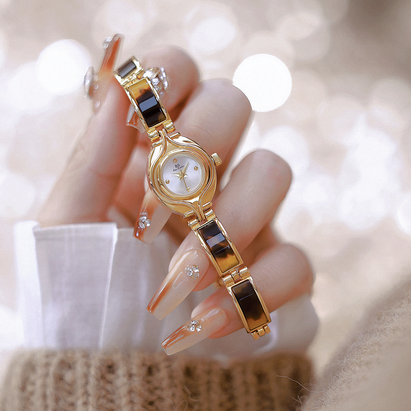 2025新款正品BS女士手表时尚潮流轻奢中古防水玳瑁琥珀手镯链条表