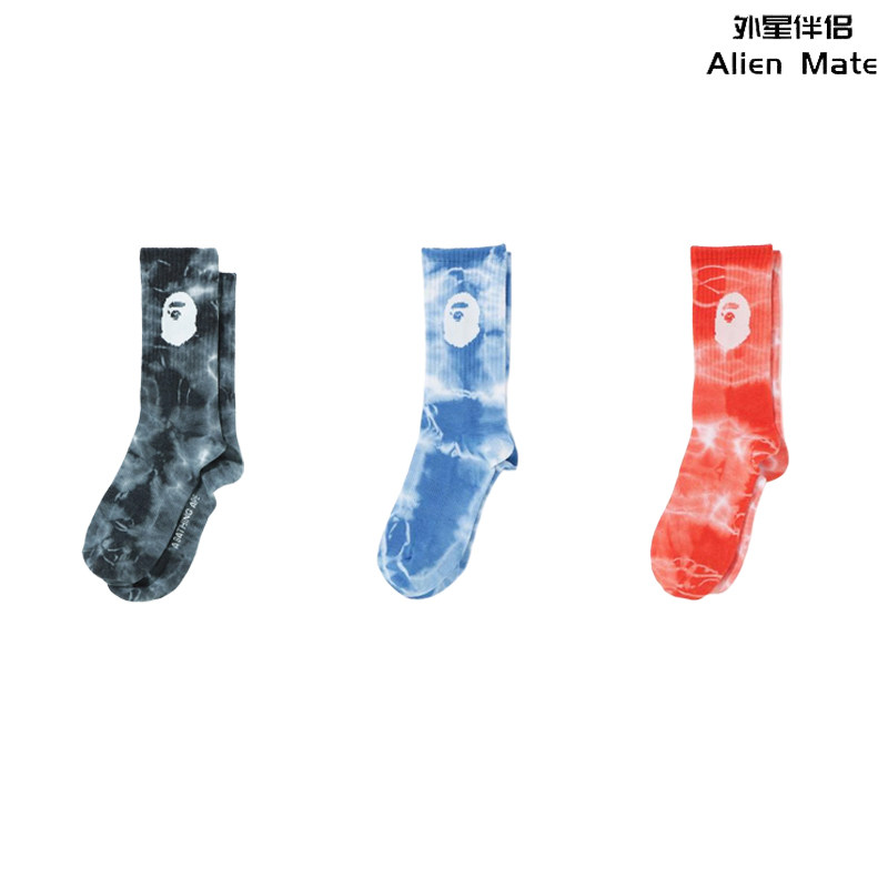 外星伴侣BAPE扎染猿人头LOGO提花中筒透气舒适时尚潮流袜子
