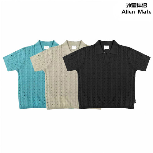 外星伴侣Juice WRLD SS24纯色镂空设计针织衫网眼透气短袖polo衫