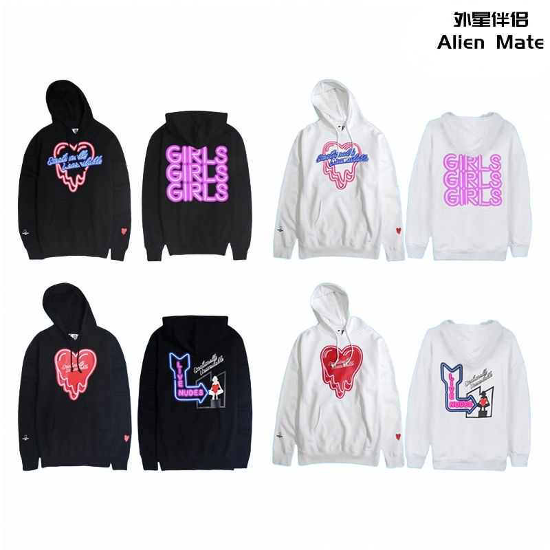 外星伴侣EU HGW联名溶解爱心GIRLS霓虹灯陈冠希同款卫衣帽衫