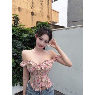 法式碎花木耳边鱼骨束腰吊带背心女夏季修身显瘦外穿辣妹短款上衣