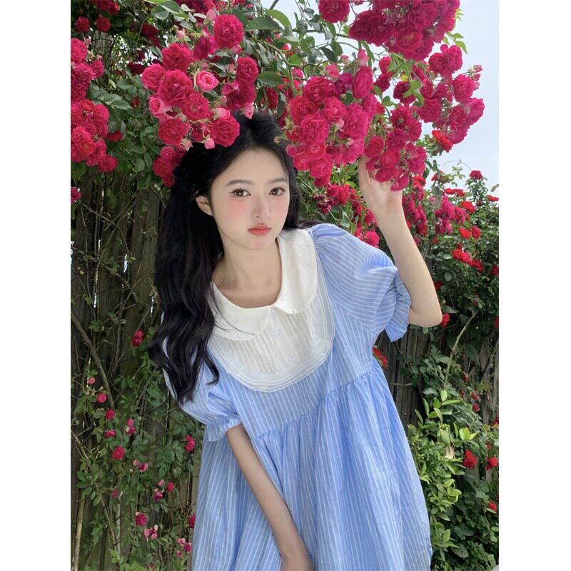 宅女家蓝色条纹娃娃领连衣裙女装夏季甜美风减龄chic泡泡袖裙子