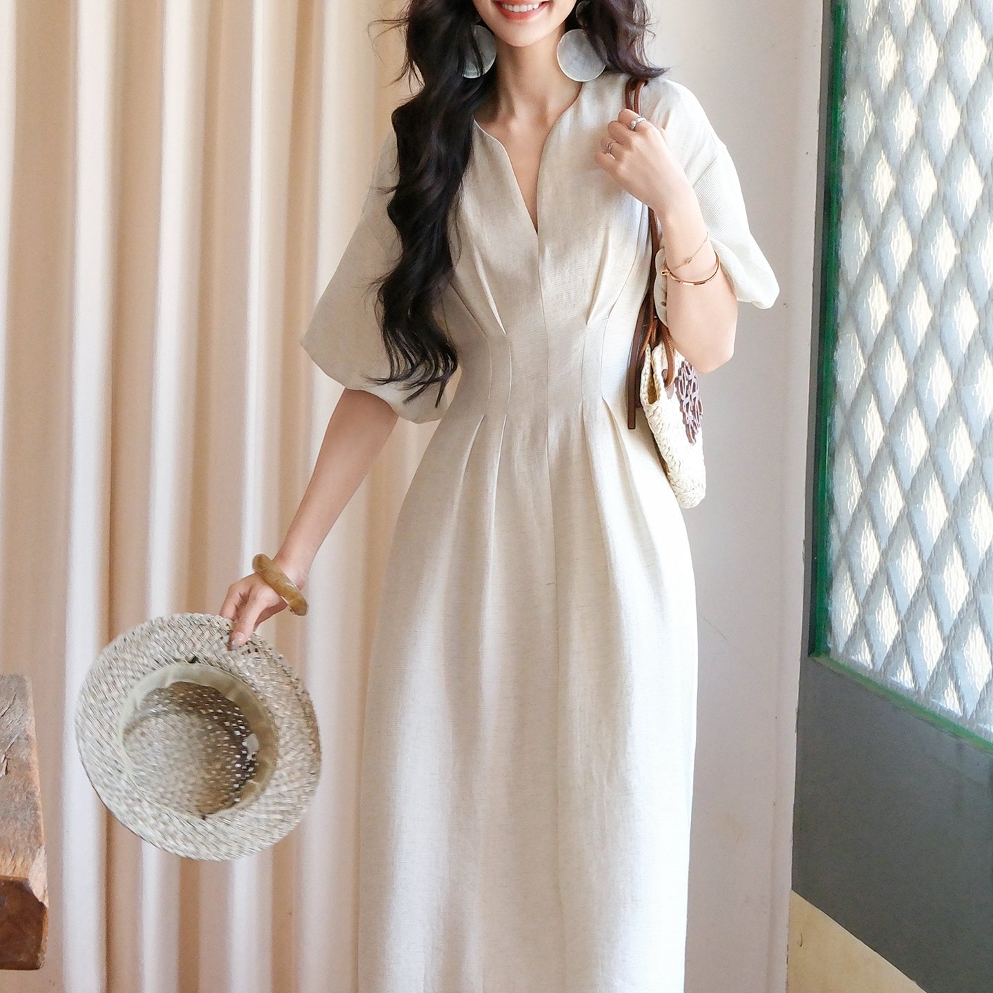 ICELOLLY绝美不撞款亚麻V领小个子收腰连衣裙女夏法式掐腰长裙子图片