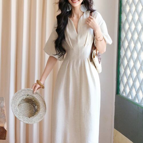 ICELOLLY绝美不撞款亚麻V领小个子收腰连衣裙女夏法式掐腰长裙子