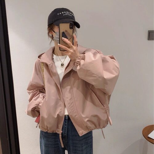 秋冬装新款时尚工装冲锋衣宽松短款夹克上衣小个子连帽外套女