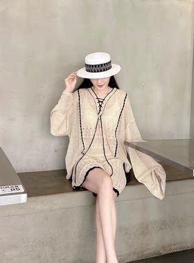 JCCC影子焦糖朗姆宽松透气针织罩衫遮肉显瘦短裤两件套装女装