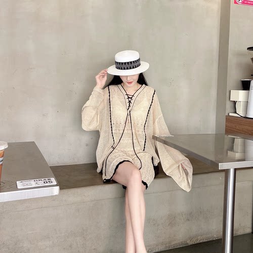 JCCC影子焦糖朗姆宽松透气针织罩衫遮肉显瘦短裤两件套装女装