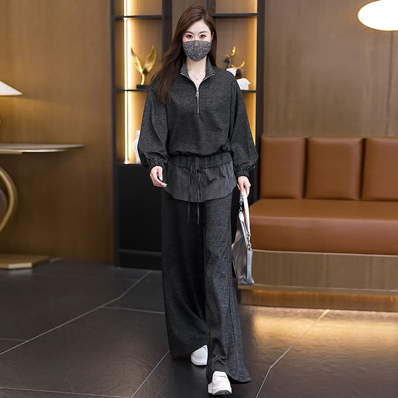 大码休闲套装半拉链卫衣条纹屁帘休闲裤女胖mm早秋穿搭显瘦一整套图片