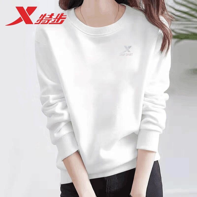 特步卫衣女款秋季长袖正品休闲简约宽松显瘦大码圆领纯色运动上衣