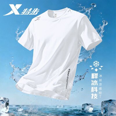 特步冰丝凉感短袖T恤男夏季透气官方旗舰店正品速干衣休闲运动服