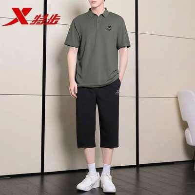特步polo衫七分裤套装男官方旗舰店正品速干t短袖短裤休闲运动服