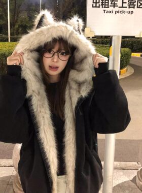 黑色猫耳朵毛领棉服加厚外套女2025冬装新款毛茸茸复古座山雕棉衣
