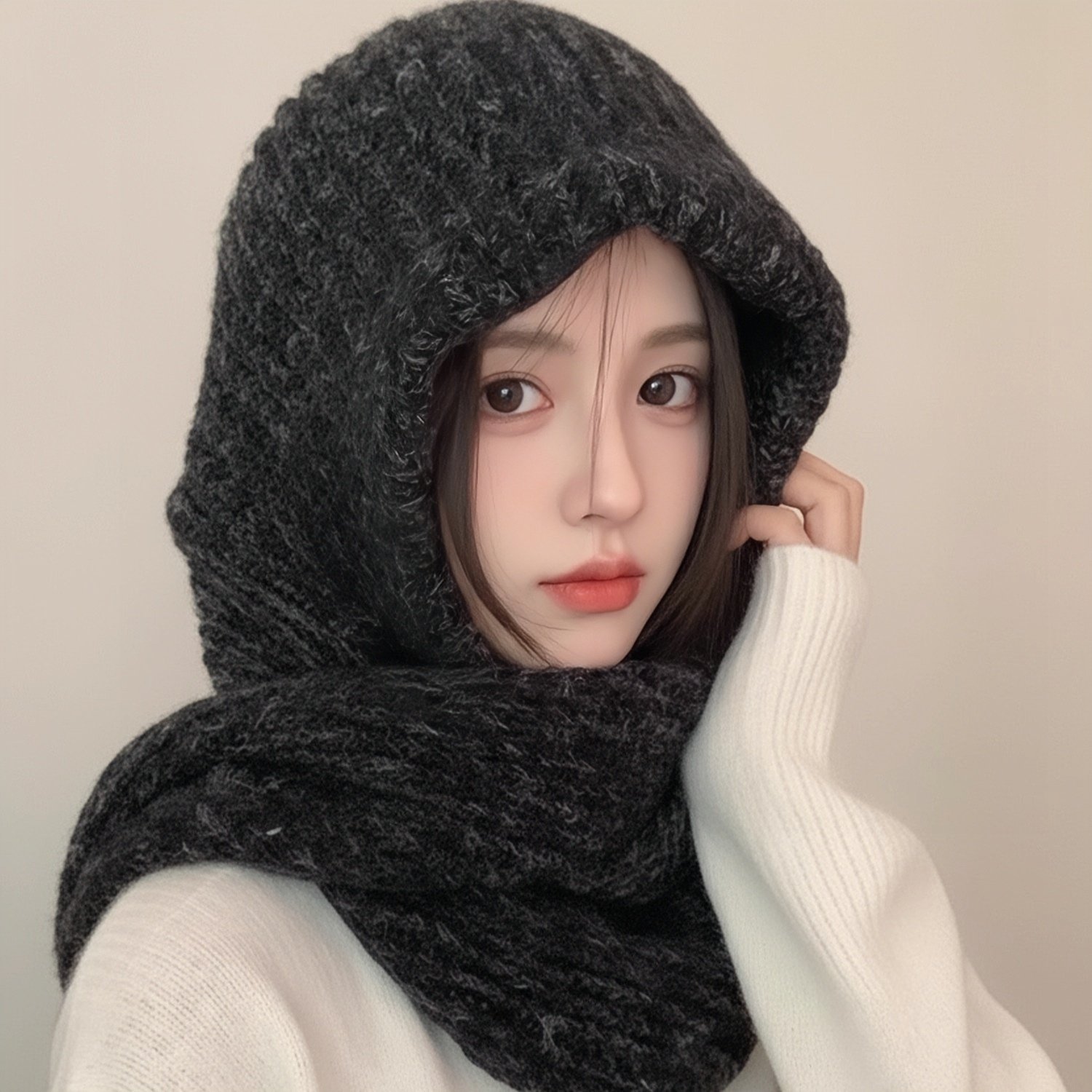 加绒加厚毛线帽子围巾一体女冬季保暖护耳骑行雷锋帽巴拉克拉法帽