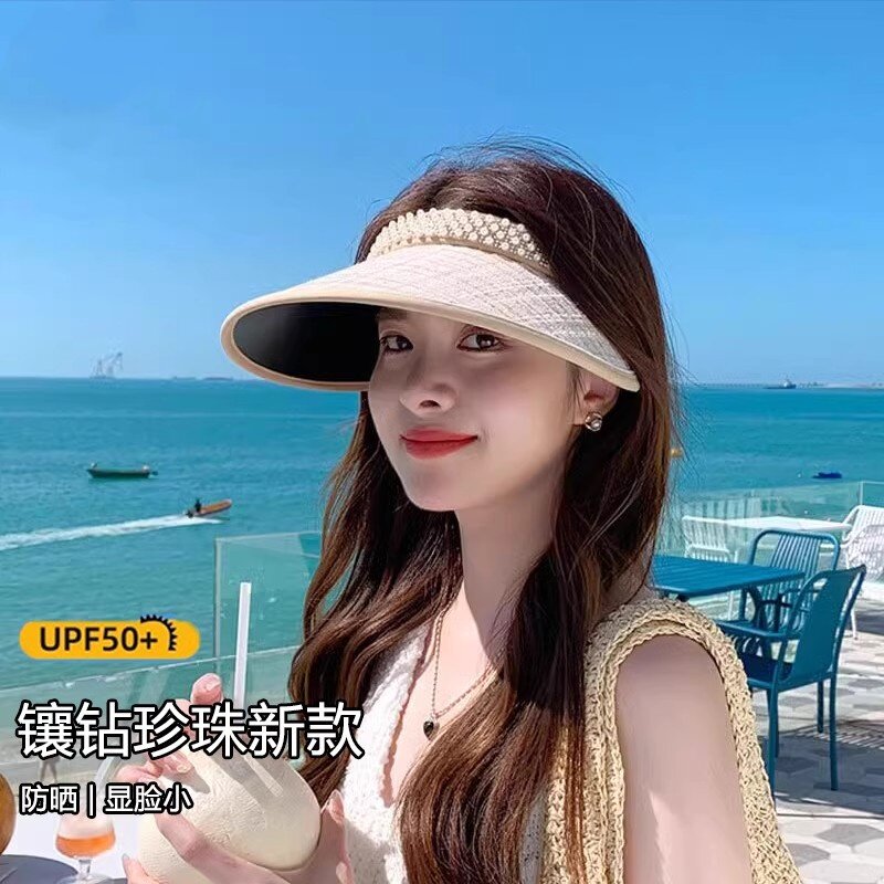 草帽女夏季2025珍珠帽发箍空顶草编发卡户外遮脸遮阳防晒太阳帽子