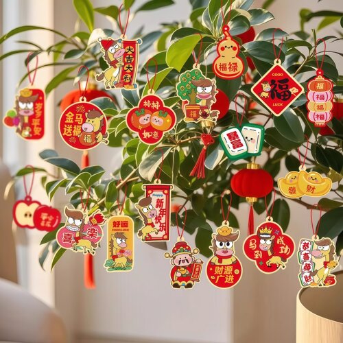 新年装饰福字挂件2026盆景马年盆栽挂饰过年春节绿植场景氛围布置