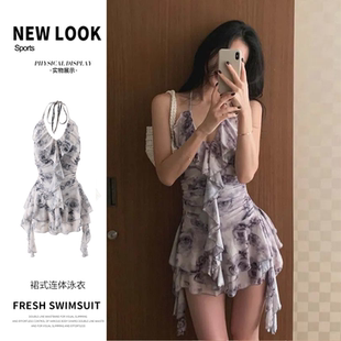 泳衣女裙式 ins風性感吊帶少女小胸聚攏溫泉泳裝 連體保守顯瘦韓版