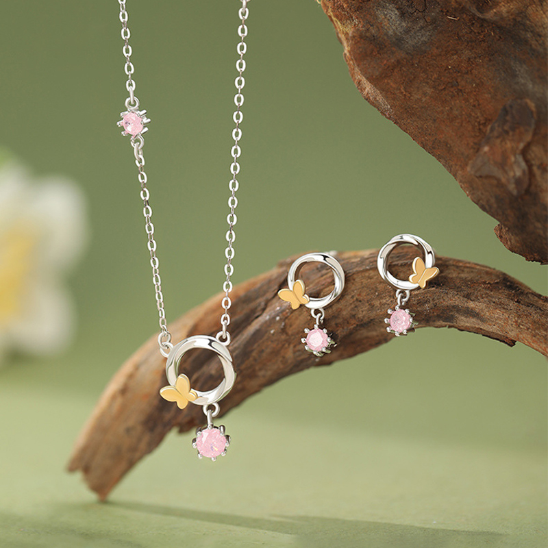 新中式S999足银蝴蝶项链耳钉套装