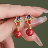 新中式 天然朱砂S925纯银祥云耳钉女古风耳坠古法珐琅耳饰国风礼物