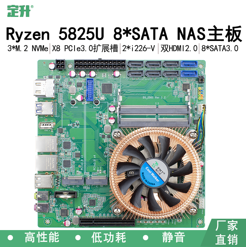定升 AMD锐龙5825U可扩万兆8盘位NAS主板 机器视觉工控ITX主板