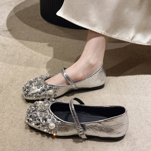 新款 女2026年夏季 配裙子平底一0317r 仙女风银色亮片玛丽珍鞋 法式