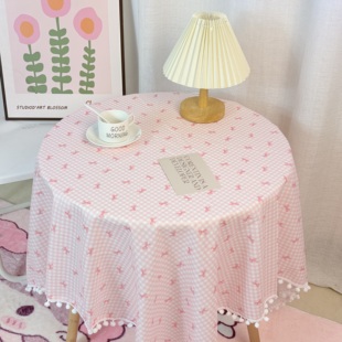 ins风碎花格子毛球花边桌布少女蝴蝶结韩系书桌垫餐桌茶几桌布