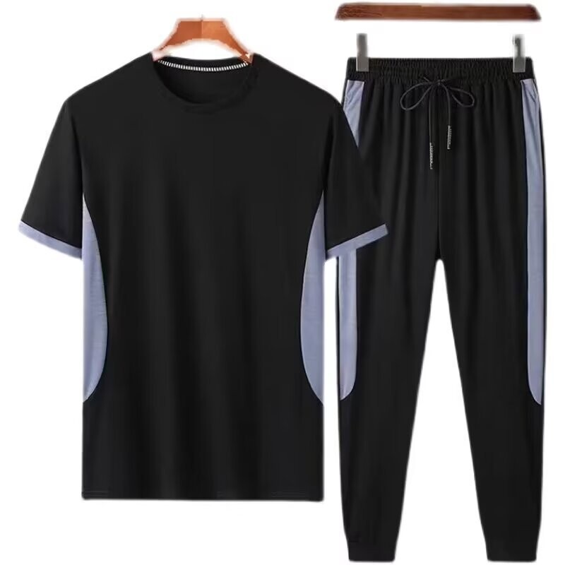 冰丝短袖套装男士夏季新款休闲运动跑步健身服t恤九分裤两件套.潮