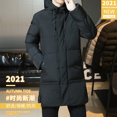 中长款加厚棉衣青年男款冬季休闲保暖连帽棉袄大码男士棉服外套