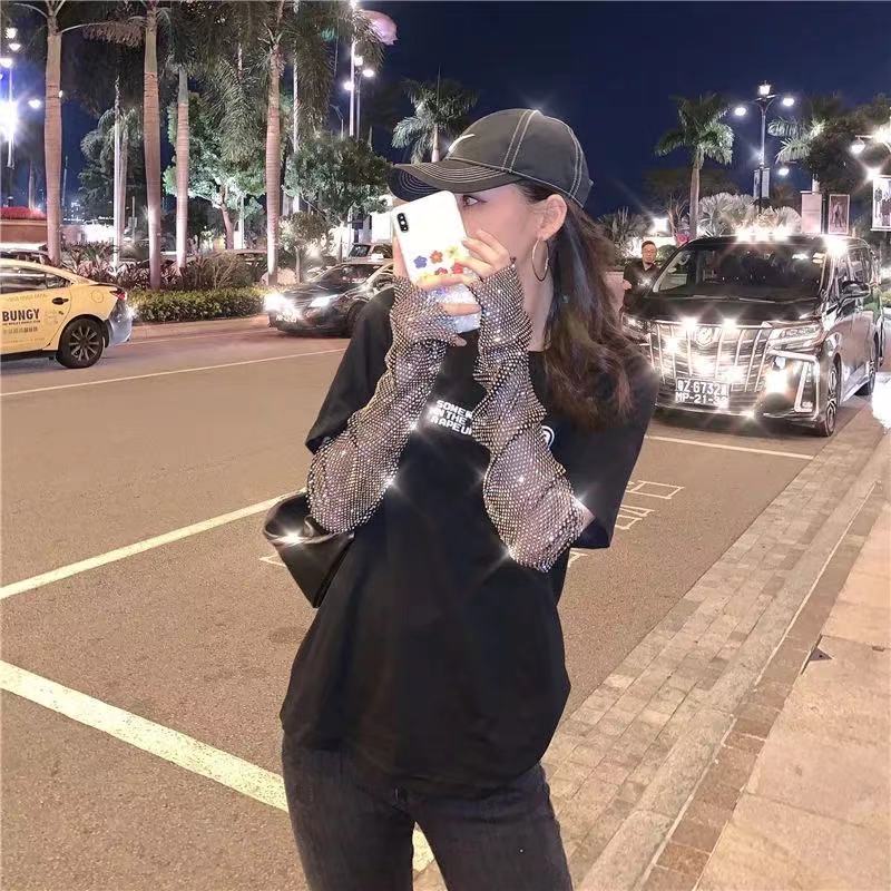 网红烫钻渔网格袖子防晒袖套蹦迪