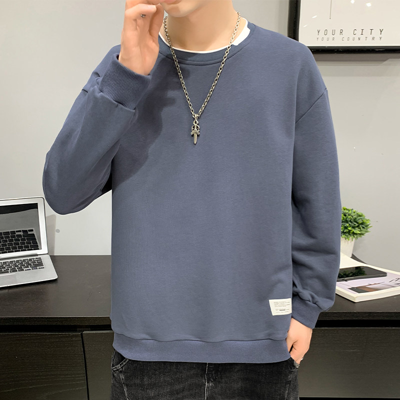 雾霾蓝纯色套头卫衣情侣装春秋打底衫圆领长袖T恤宽松男女外套潮