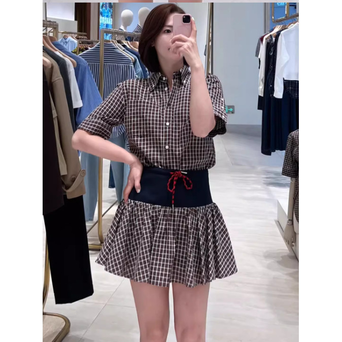 maSande2025早秋新款女装时尚格纹抽绳腰封蓬蓬裙裤短裤SFPSH0055