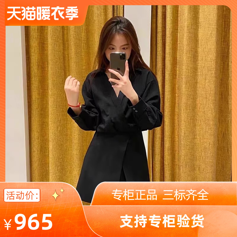 maSande2023季法式时尚黑色高腰衬衫领连身裤MFPCO00309