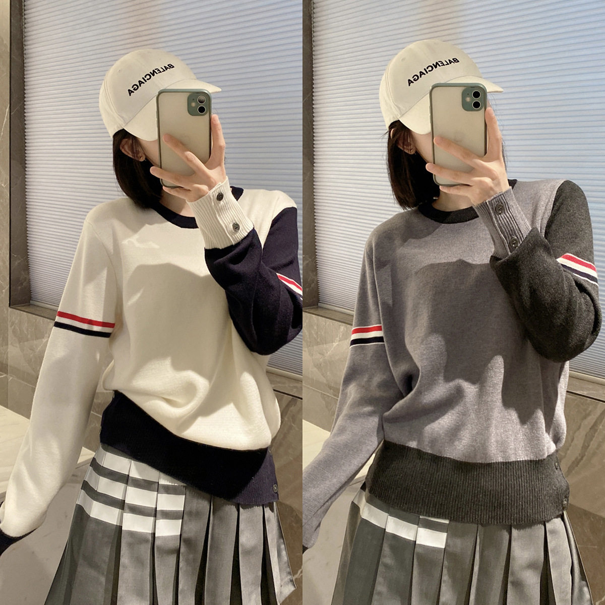 maSandeTB灰白色套头条纹针织毛衣女23早春新款宽松慵懒风撞色四