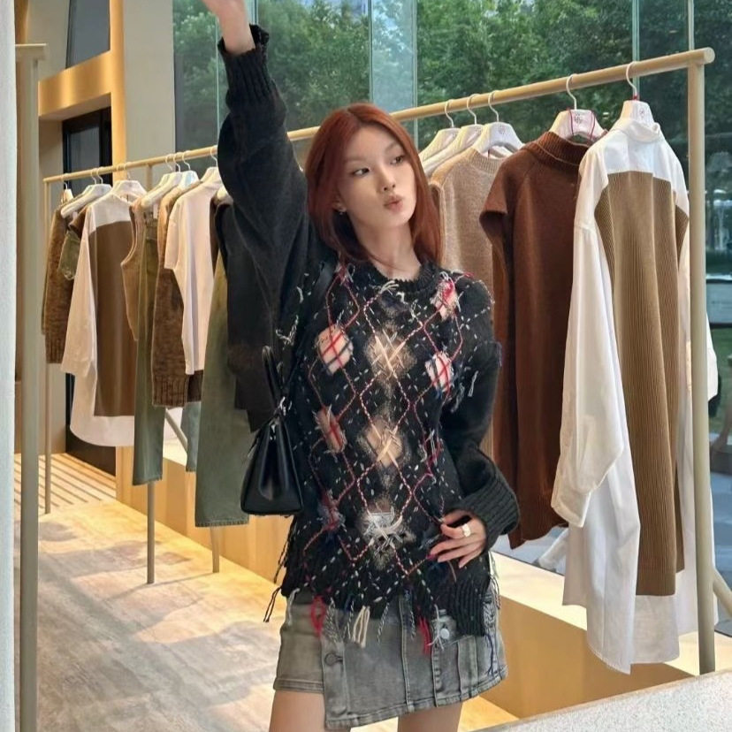 maSande2025冬季新款法式破洞针织开衫毛衣女小众设计感流苏时尚