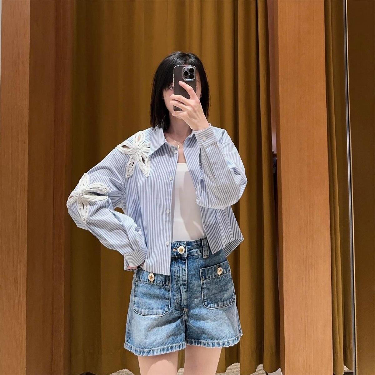 maSande25春夏设计感花朵钉珠镂空条纹衬衫宽松百搭上衣SFPCM0130