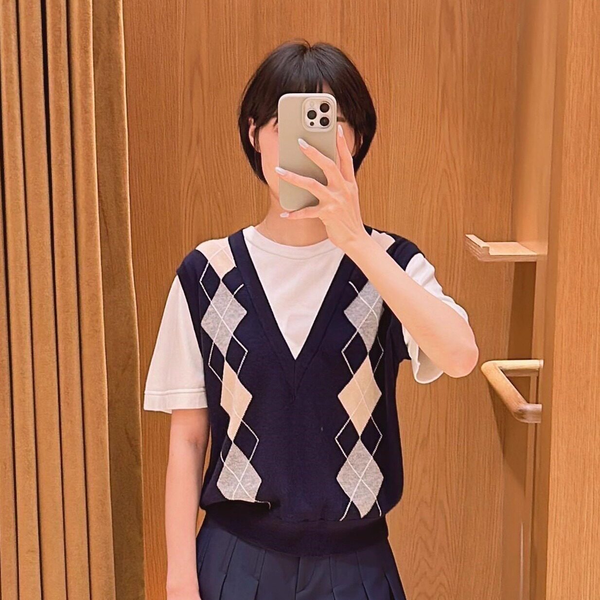 maSande2025秋冬新款女装复古菱格纹假两件短袖套头圆领针织衫SFP