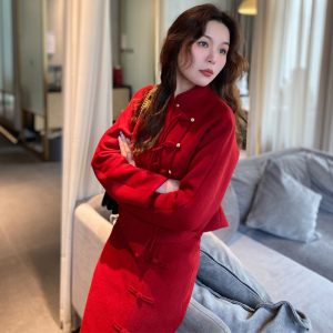 新款春秋冬红色羊毛上衣外套半裙套装新中式国风国潮新年服敬酒服